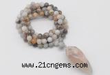 GMN4064 Hand-knotted 8mm, 10mm bamboo leaf agate 108 beads mala necklace with pendant