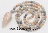 GMN4209 Hand-knotted 8mm, 10mm matte bamboo leaf agate 108 beads mala necklace with pendant