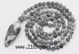 GMN4220 Hand-knotted 8mm, 10mm matte black water jasper 108 beads mala necklace with pendant