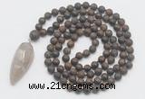 GMN4223 Hand-knotted 8mm, 10mm matte bronzite 108 beads mala necklace with pendant