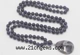 GMN4402 Hand-knotted 8mm, 10mm matte amethyst 108 beads mala necklace with pendant