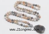 GMN4409 Hand-knotted 8mm, 10mm matte bamboo leaf agate 108 beads mala necklace with pendant