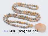 GMN4411 Hand-knotted 8mm, 10mm matte yellow crazy agate 108 beads mala necklace with pendant