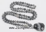 GMN4420 Hand-knotted 8mm, 10mm matte black water jasper 108 beads mala necklace with pendant