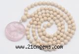 GMN4619 Hand-knotted 8mm, 10mm white fossil jasper 108 beads mala necklace with pendant