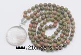 GMN4625 Hand-knotted 8mm, 10mm unakite 108 beads mala necklace with pendant