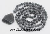 GMN4629 Hand-knotted 8mm, 10mm snowflake obsidian 108 beads mala necklace with pendant