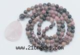 GMN4635 Hand-knotted 8mm, 10mm rhodonite 108 beads mala necklace with pendant