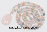 GMN4655 Hand-knotted 8mm, 10mm morganite 108 beads mala necklace with pendant