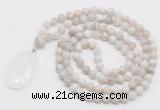 GMN4660 Hand-knotted 8mm, 10mm white crazy agate 108 beads mala necklace with pendant