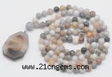 GMN4662 Hand-knotted 8mm, 10mm bamboo leaf agate 108 beads mala necklace with pendant