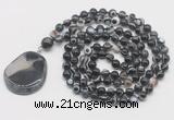 GMN4667 Hand-knotted 8mm, 10mm black banded agate 108 beads mala necklace with pendant