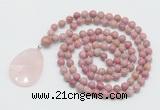 GMN4672 Hand-knotted 8mm, 10mm pink wooden jasper 108 beads mala necklace with pendant