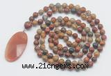 GMN4675 Hand-knotted 8mm, 10mm picasso jasper 108 beads mala necklace with pendant