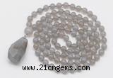 GMN4825 Hand-knotted 8mm, 10mm grey agate 108 beads mala necklace with pendant