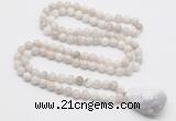 GMN4828 Hand-knotted 8mm, 10mm white crazy agate 108 beads mala necklace with pendant