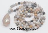 GMN4833 Hand-knotted 8mm, 10mm bamboo leaf agate 108 beads mala necklace with pendant