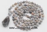GMN4835 Hand-knotted 8mm, 10mm silver needle agate 108 beads mala necklace with pendant