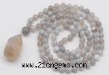 GMN4839 Hand-knotted 8mm, 10mm grey banded agate 108 beads mala necklace with pendant