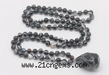 GMN4842 Hand-knotted 8mm, 10mm black banded agate 108 beads mala necklace with pendant