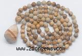 GMN4861 Hand-knotted 8mm, 10mm picture jasper 108 beads mala necklace with pendant