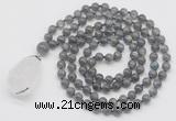 GMN4895 Hand-knotted 8mm, 10mm labradorite 108 beads mala necklace with pendant