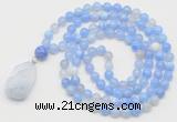GMN4908 Hand-knotted 8mm, 10mm blue banded agate 108 beads mala necklace with pendant