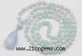 GMN4909 Hand-knotted 8mm, 10mm sea blue banded agate 108 beads mala necklace with pendant