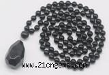 GMN4915 Hand-knotted 8mm, 10mm black agate 108 beads mala necklace with pendant