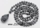 GMN4930 Hand-knotted 8mm, 10mm snowflake obsidian 108 beads mala necklace with pendant