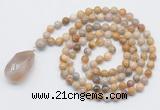 GMN4937 Hand-knotted 8mm, 10mm fossil coral 108 beads mala necklace with pendant