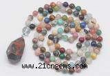 GMN4938 Hand-knotted 8mm, 10mm colorful gemstone 108 beads mala necklace with pendant