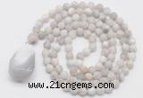 GMN5010 Hand-knotted 8mm, 10mm matte white crazy agate 108 beads mala necklace with pendant