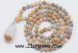 GMN5011 Hand-knotted 8mm, 10mm matte yellow crazy agate 108 beads mala necklace with pendant