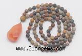 GMN5017 Hand-knotted 8mm, 10mm matte picasso jasper 108 beads mala necklace with pendant