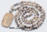 GMN5122 Hand-knotted 8mm, 10mm matte zebra jasper 108 beads mala necklace with pendant