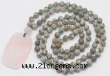GMN5141 Hand-knotted 8mm, 10mm matte rhyolite 108 beads mala necklace with pendant