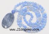 GMN5153 Hand-knotted 8mm, 10mm blue banded agate 108 beads mala necklace with pendant