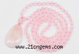 GMN5197 Hand-knotted 8mm, 10mm rose quartz 108 beads mala necklace with pendant