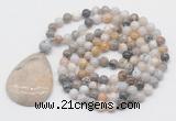 GMN5209 Hand-knotted 8mm, 10mm bamboo leaf agate 108 beads mala necklace with pendant