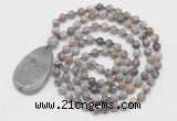GMN5210 Hand-knotted 8mm, 10mm silver needle agate 108 beads mala necklace with pendant