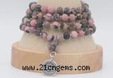 GMN5812 Hand-knotted 6mm matter rhodonite 108 beads mala necklaces with charm