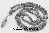 GMN5909 Hand-knotted 6mm matte black water jasper 108 beads mala necklaces with pendant