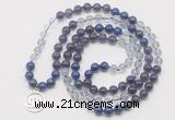 GMN6000 Knotted 8mm, 10mm amethyst, white crystal & lapis lazuli 108 beads mala necklace with charm
