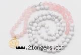 GMN6002 Knotted 8mm, 10mm rose quartz & white howlite 108 beads mala necklace with charm