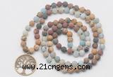 GMN6006 Knotted 8mm, 10mm matte mixed amazonite & jasper 108 beads mala necklace with charm
