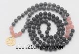 GMN6017 Knotted 8mm, 10mm matte black agate, black labradorite & rose quartz 108 beads mala necklace with charm