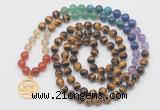 GMN6024 Knotted 7 Chakra 8mm, 10mm yellow tiger eye 108 beads mala necklace with charm