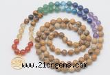 GMN6025 Knotted 7 Chakra 8mm, 10mm picture jasper 108 beads mala necklace with charm