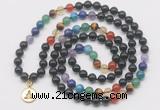 GMN6027 Knotted 7 Chakra 8mm, 10mm black obsidian 108 beads mala necklace with charm